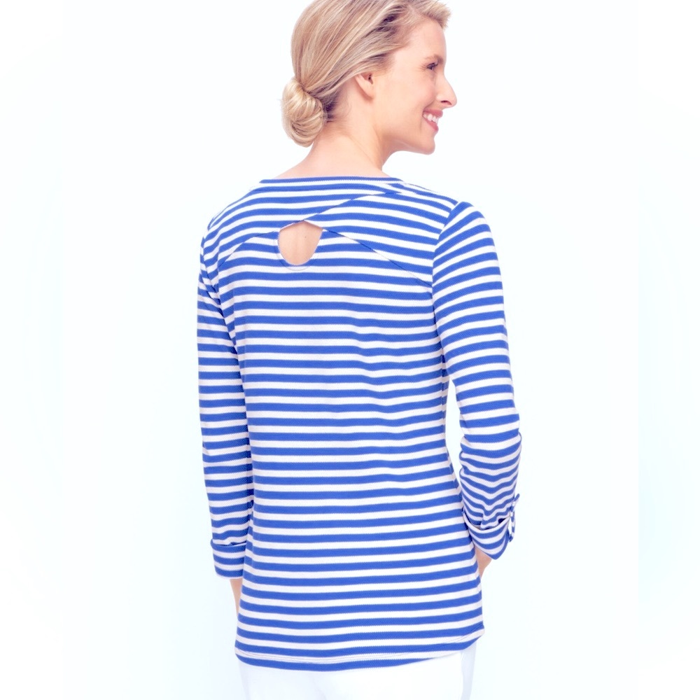 T by Talbots Pique Roll Cuff Top in Medium in Blue and White, Size Medium